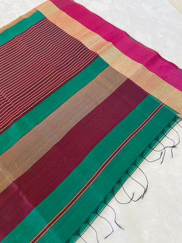 Maheshwari Cotton Silk Saree | Handloom Mark | Green & Maroon | Ships from California